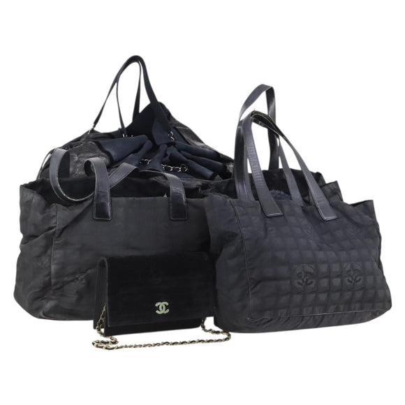 CHANEL Hand Bag Leather Nylon 5 Set Black Navy CC Auth bs29857