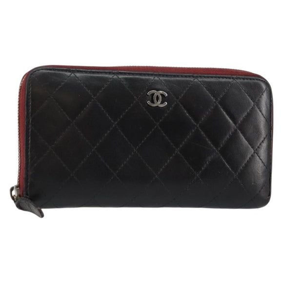 CHANEL Matelasse Wallet Leather Black Silver CC Auth bs29859
