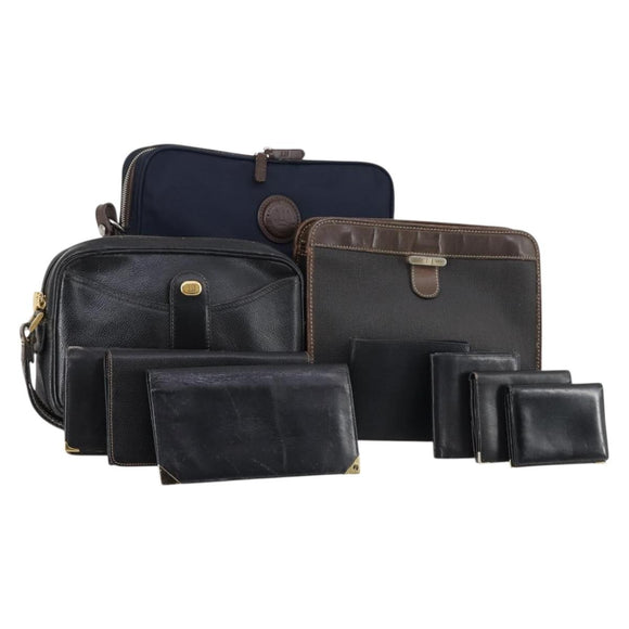 Dunhill Clutch Bag Leather 10 Set Black Navy Auth bs29865