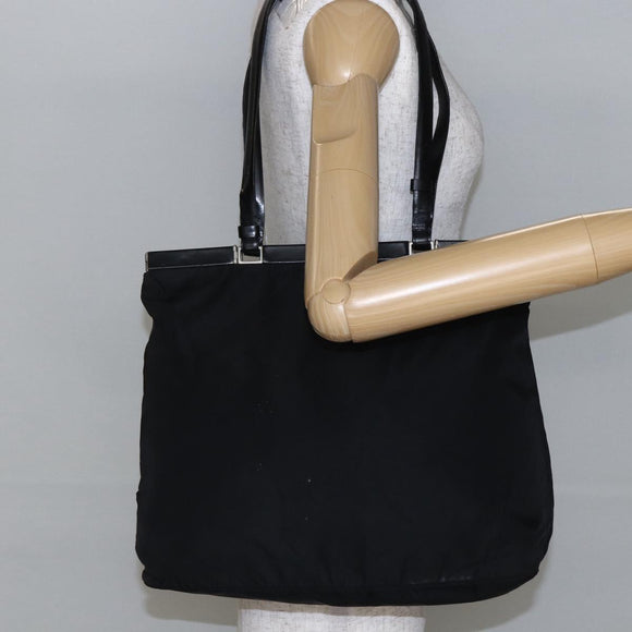 PRADA Tote Bag Nylon Leather Black Silver Auth bs29882
