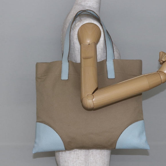 PRADA Tote Bag Canvas Beige Light Blue Auth bs29888