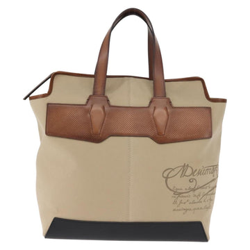 Berluti Calligraphy Tote Bag Canvas Leather Beige Silver Auth bs29891 - 0