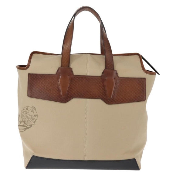 Berluti Calligraphy Tote Bag Canvas Leather Beige Silver Auth bs29891