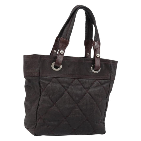 CHANEL Paris Biarritz Tote Bag Coated Canvas Dark Brown Silver CC Auth bs29897
