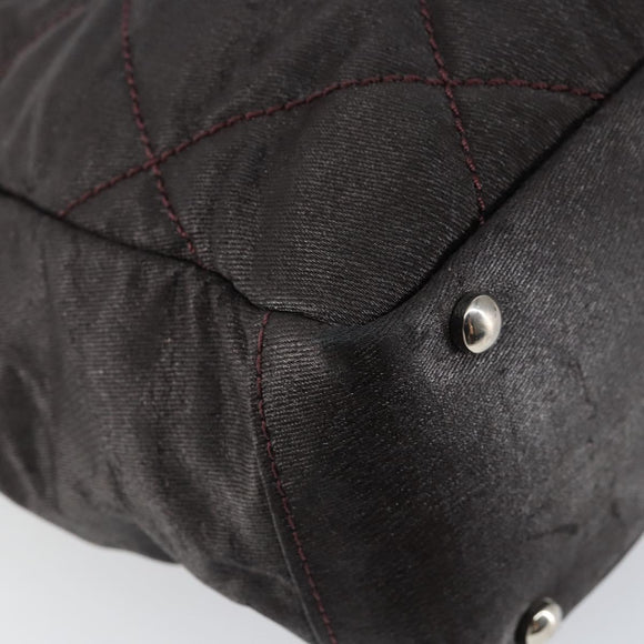 CHANEL Paris Biarritz Tote Bag Coated Canvas Dark Brown Silver CC Auth bs29897