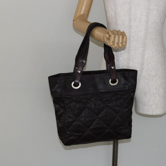 CHANEL Paris Biarritz Tote Bag Coated Canvas Dark Brown Silver CC Auth bs29897