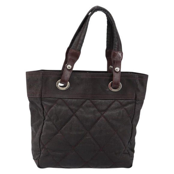 CHANEL Paris Biarritz Tote Bag Coated Canvas Dark Brown Silver CC Auth bs29897