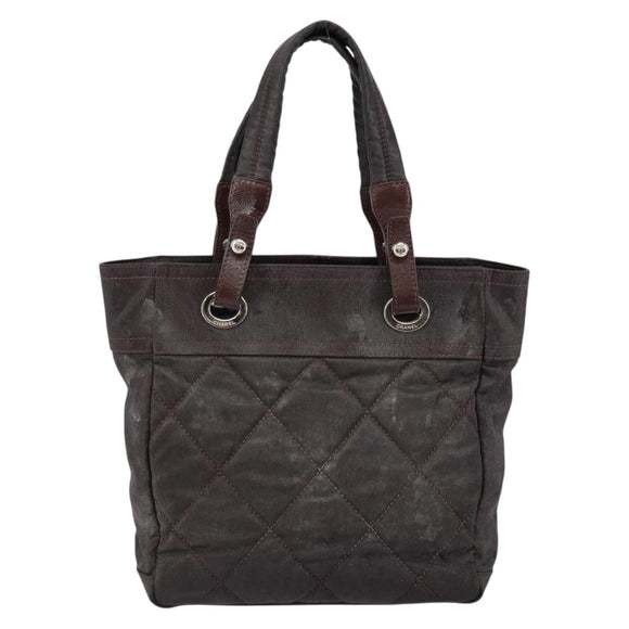CHANEL Paris Biarritz Tote Bag Coated Canvas Dark Brown Silver CC Auth bs29897