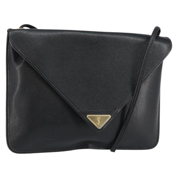 SAINT LAURENT Shoulder Bag Leather Black Gold Auth bs29919