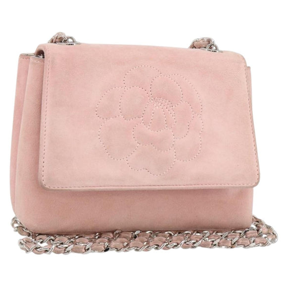 CHANEL Camellia Flap Chain Shoulder Bag Suede Pink Silver CC Auth bs29926