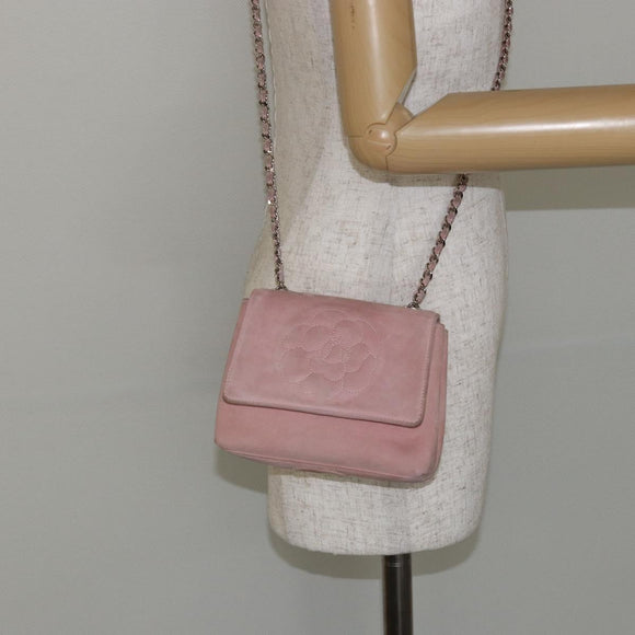 CHANEL Camellia Flap Chain Shoulder Bag Suede Pink Silver CC Auth bs29926