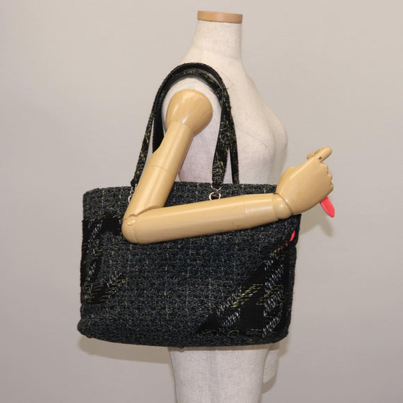 CHANEL Cambon Line Tote Bag tweed Navy Silver CC Auth bs29930