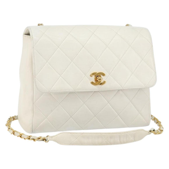 CHANEL Matelasse Chain Shoulder Bag Lamb Skin White Gold CC Auth bs29933