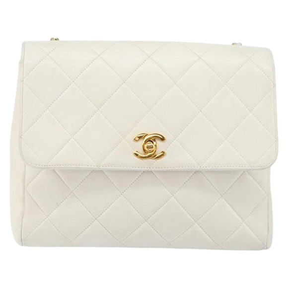 CHANEL Matelasse Chain Shoulder Bag Lamb Skin White Gold CC Auth bs29933