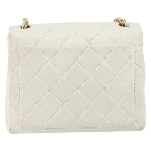 CHANEL Matelasse Chain Shoulder Bag Lamb Skin White Gold CC Auth bs29933