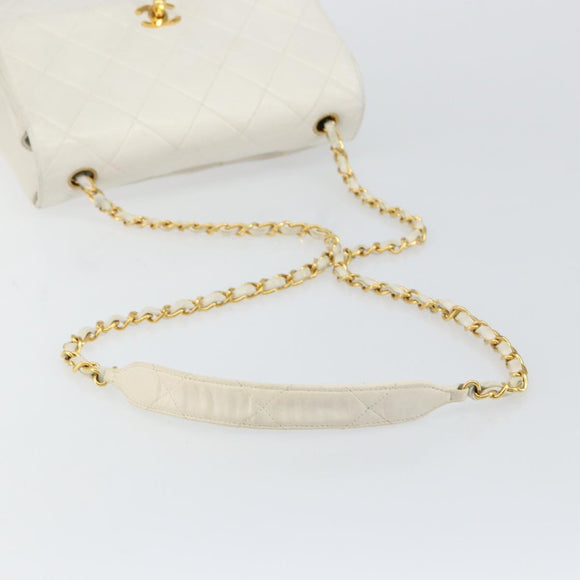 CHANEL Matelasse Chain Shoulder Bag Lamb Skin White Gold CC Auth bs29933