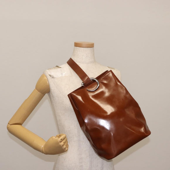 CARTIER PANTHERE Shoulder Bag Patent leather Brown Silver Auth bs29942