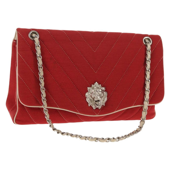CHANEL V Stitch Flap Chain Shoulder Bag Cotton Red Silver CC Auth bs29952V