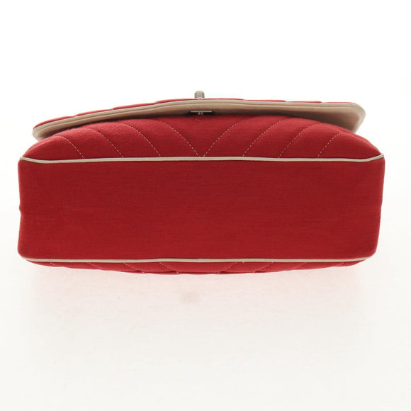 CHANEL V Stitch Flap Chain Shoulder Bag Cotton Red Silver CC Auth bs29952V