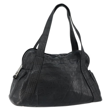 CHANEL Embossed Logo Unlimited Boston Bag Leather Black Silver CC Auth bs29953