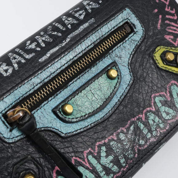 BALENCIAGA Continental Graffiti Wallet Leather Black Gold 164471 Auth bs29956