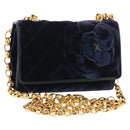 CHANEL Camellia Matelasse Flap Chain Bag Velor Navy Gold CC Auth bs29963V-1