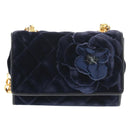 CHANEL Camellia Matelasse Flap Chain Bag Velor Navy Gold CC Auth bs29963V-2