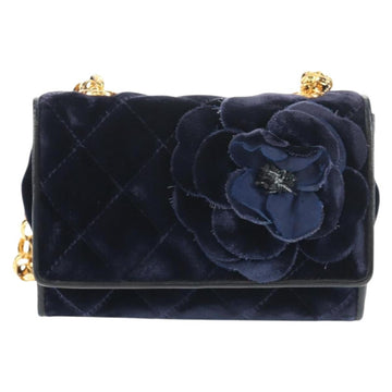 CHANEL Camellia Matelasse Flap Chain Bag Velor Navy Gold CC Auth bs29963V - 0
