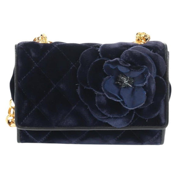 CHANEL Camellia Matelasse Flap Chain Bag Velor Navy Gold CC Auth bs29963V