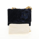 CHANEL Camellia Matelasse Flap Chain Bag Velor Navy Gold CC Auth bs29963V-24