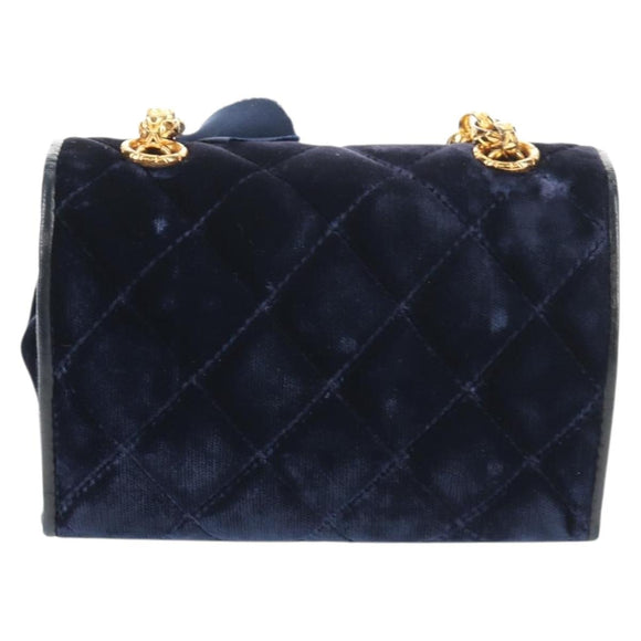 CHANEL Camellia Matelasse Flap Chain Bag Velor Navy Gold CC Auth bs29963V