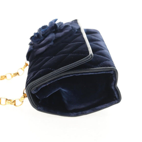CHANEL Camellia Matelasse Flap Chain Bag Velor Navy Gold CC Auth bs29963V