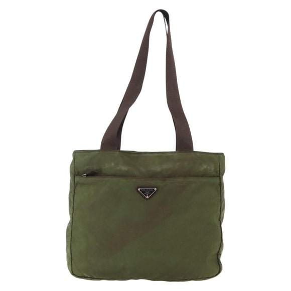 PRADA Tote Bag Nylon Khaki Silver Auth bs29971