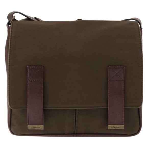 SAINT LAURENT Shoulder Bag Canvas Khaki Gold Auth bs29985