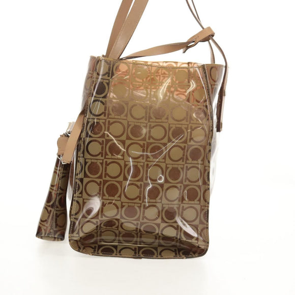 Salvatore Ferragamo Gancini Tote Bag Vinyl Brown Silver Auth bs29993