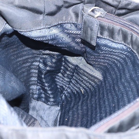 PRADA Flower Embroidery Tote Bag Nylon Black Silver Auth bs30015