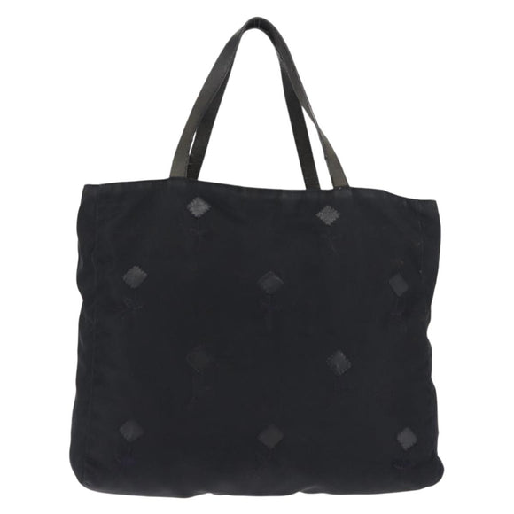 PRADA Flower Embroidery Tote Bag Nylon Black Silver Auth bs30015