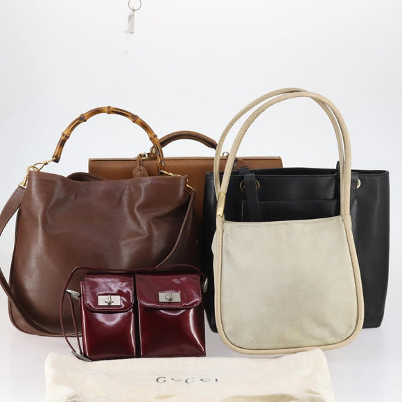 GUCCI Shoulder Bag Leather Enamel 5Set Brown Black Auth bs30027