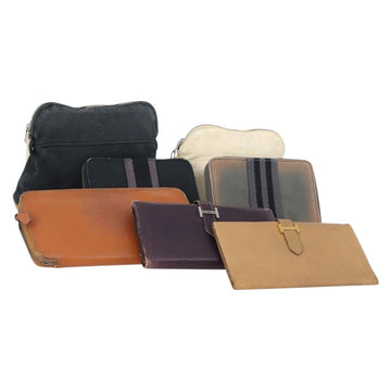 HERMES Wallet Leather Canvas 7 Set Beige Black Brown Auth bs30039
