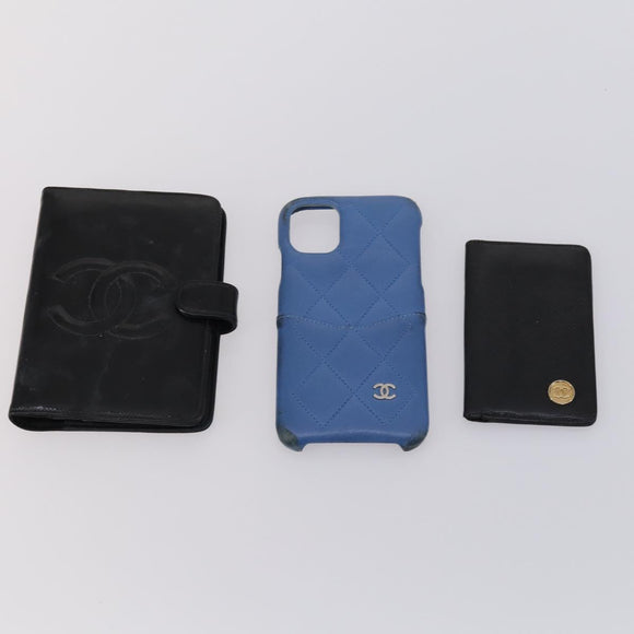 CHANEL Wallet Leather 6 Set Black Blue CC Auth bs30040