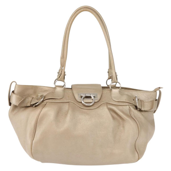 Salvatore Ferragamo Gancini Marissa Tote Bag Leather Beige Silver Auth bs30081