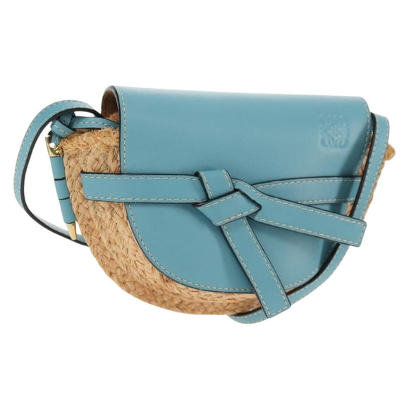 LOEWE Gate Bag Mini Shoulder Bag straw Beige Light Blue Auth bs30097M
