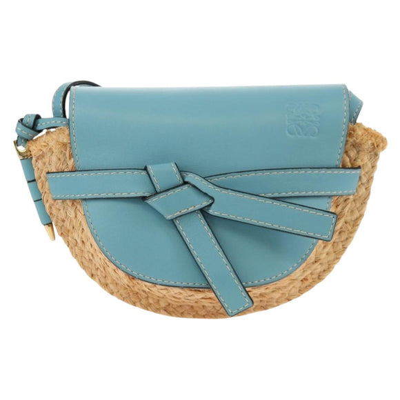 LOEWE Gate Bag Mini Shoulder Bag straw Beige Light Blue Auth bs30097M