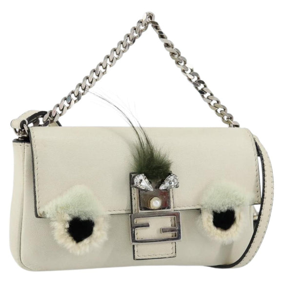 FENDI Micro Bucket Monster Shoulder Bag Leather 2way White Silver Auth bs30100