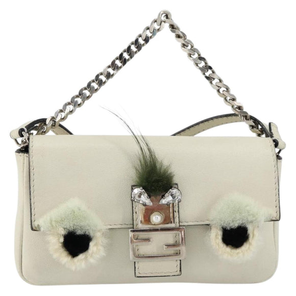 FENDI Micro Bucket Monster Shoulder Bag Leather 2way White Silver Auth bs30100