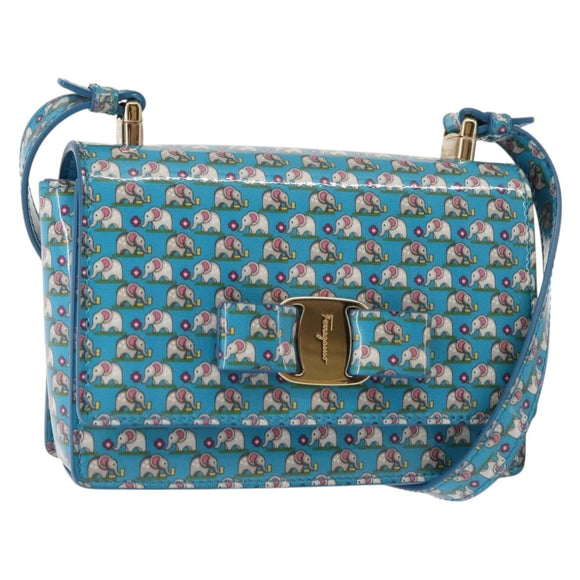 Salvatore Ferragamo Vala Schoudertas Emaille Blauw Goud Auth bs30122