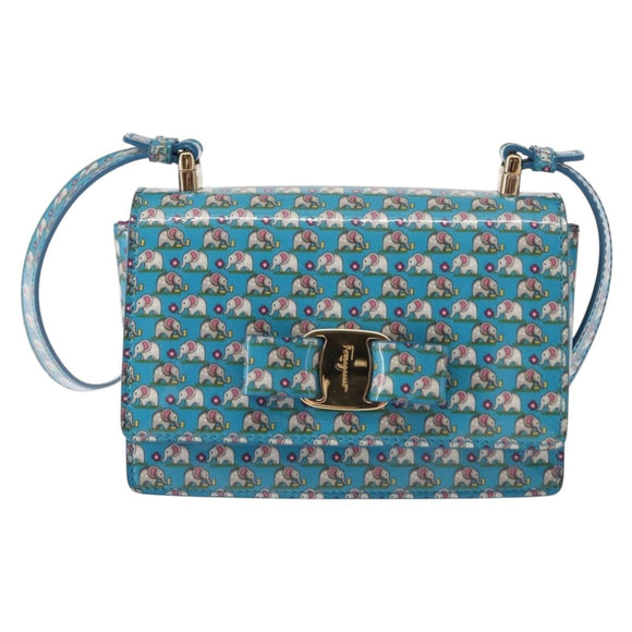 Salvatore Ferragamo Vala Schoudertas Emaille Blauw Goud Auth bs30122