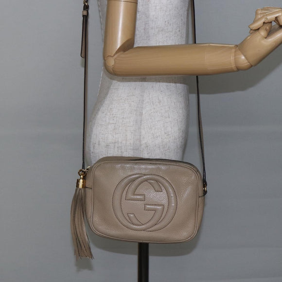 GUCCI Small Disco Interlocking Bag Leather Beige Gold 308364 Auth bs30123