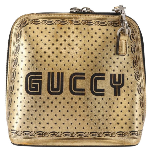 GUCCI GUCCY Print GUCCIxSEGA Bag Leather Gold Silver 511189 Auth bs30126