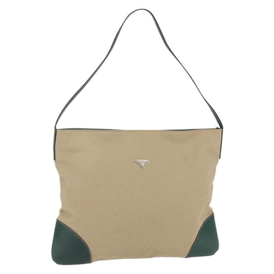 PRADA Shoulder Bag Canvas Leather Beige Silver Auth bs30130